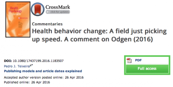 Health behavior change: a field just picking up speed. A comment on Ogden (2016)